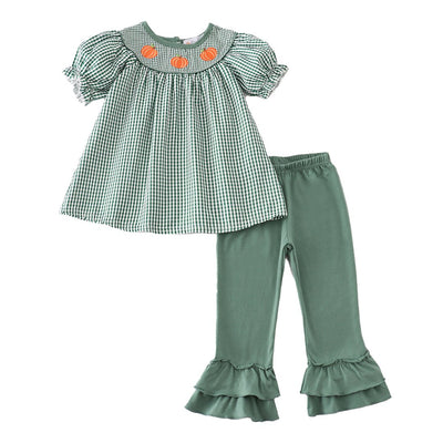 Adorable Green Gingham Pumpkin Embroidery Girl Set For Stylish Babies And Toddlers - LuckeLadybug LLC