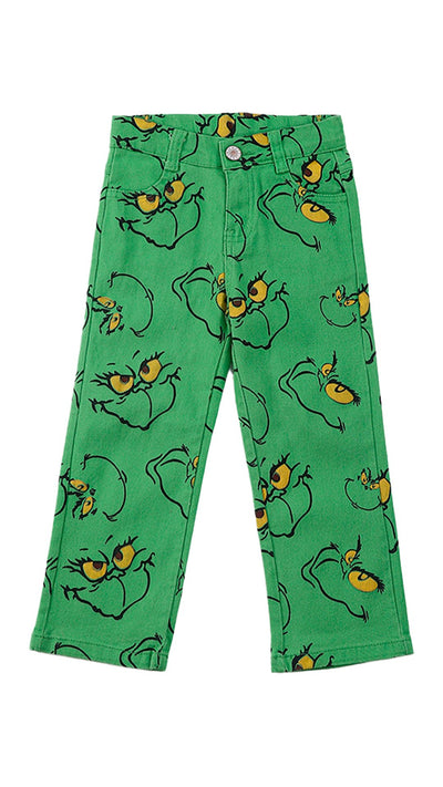 Adorable Green Grinch Print Denim Jeans For Stylish Baby & Toddler Fashion Statements - LuckeLadybug LLC