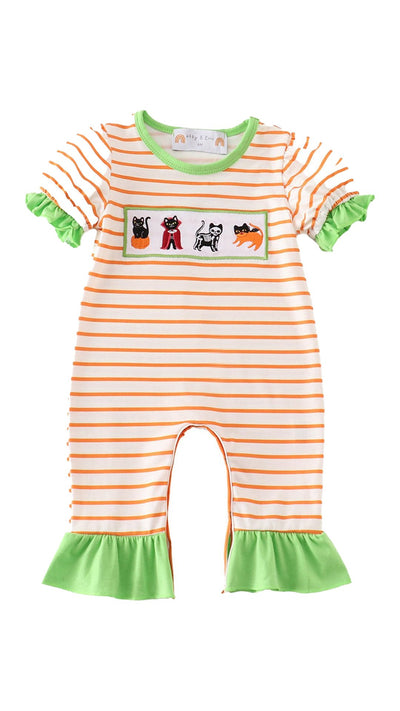 Adorable Green Halloween Cat Embroidery Romper For Your Little Boo! 🐱🎃 - LuckeLadybug LLC