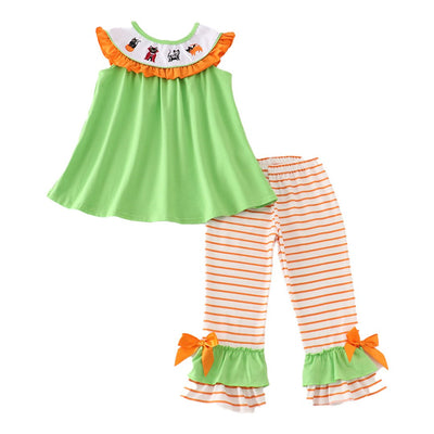 Adorable Green Halloween Cat Embroidery Girl Set For Your Little Ones - LuckeLadybug LLC