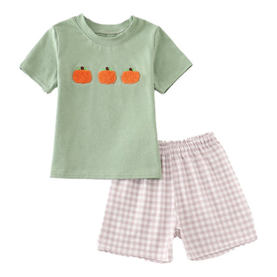 Adorable Green Plaid French Knot Pumpkin Boy Set For Your Little Trendsetter - LuckeLadybug LLC