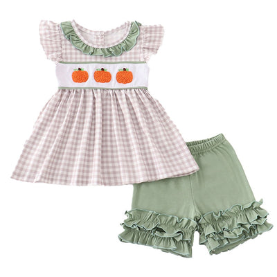 Adorable Green Plaid French Knot Pumpkin Girl Set For Stylish Babies And Toddlers - LuckeLadybug LLC