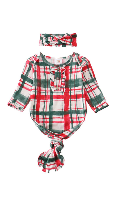 Adorable Green Plaid Hairband & Bamboo Baby Gown Set For Trendy Tots! - LuckeLadybug LLC