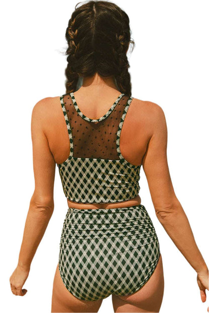Back view of green plaid high waisted bikini with mesh top panel by LuckeLadybug LLC