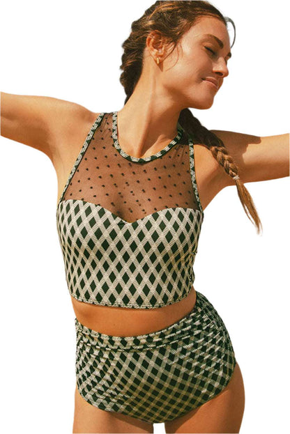 Green plaid high waisted bikini with mesh polka dot top design by LuckeLadybug LLC