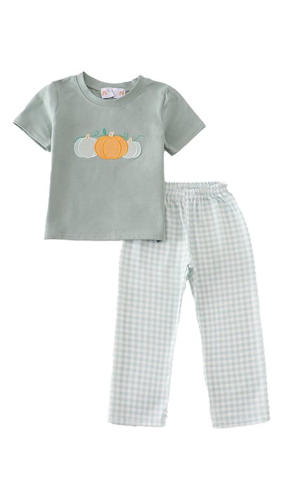 Adorable Green Pumpkin Embroidery Plaid Boy Set For Stylish Babies And Toddlers - LuckeLadybug LLC