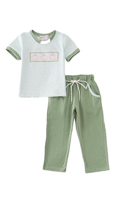 Adorable Green Pumpkin Embroidery Stripe Boy Set For Fashionable Babies & Toddlers! - LuckeLadybug LLC