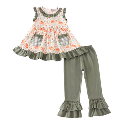 Adorable Green Pumpkin Ruffle Girl Pants Set - Perfect For Stylish Babies And Toddlers! - LuckeLadybug LLC