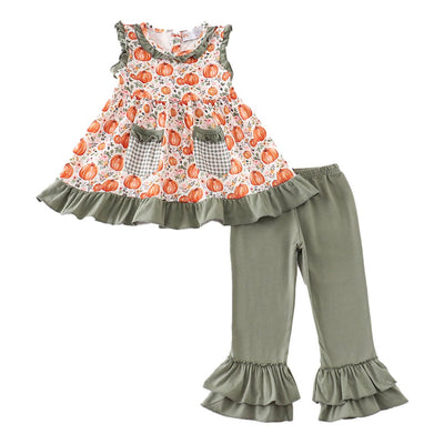 Adorable Green Pumpkin Ruffle Girl Set: Perfect For Your Little Fashionista! - LuckeLadybug LLC