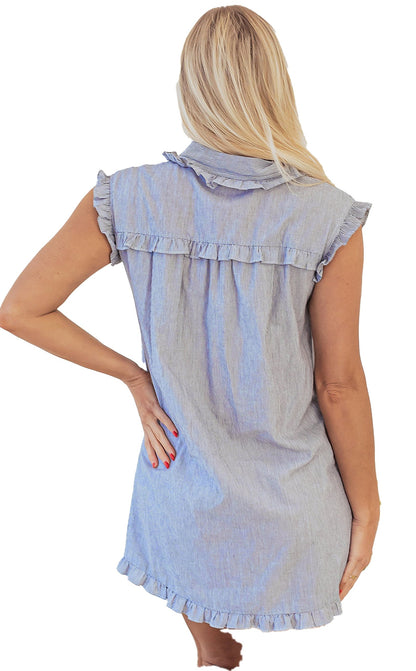 Back view of a LuckeLadybug green stripe button up mini dress with ruffle details