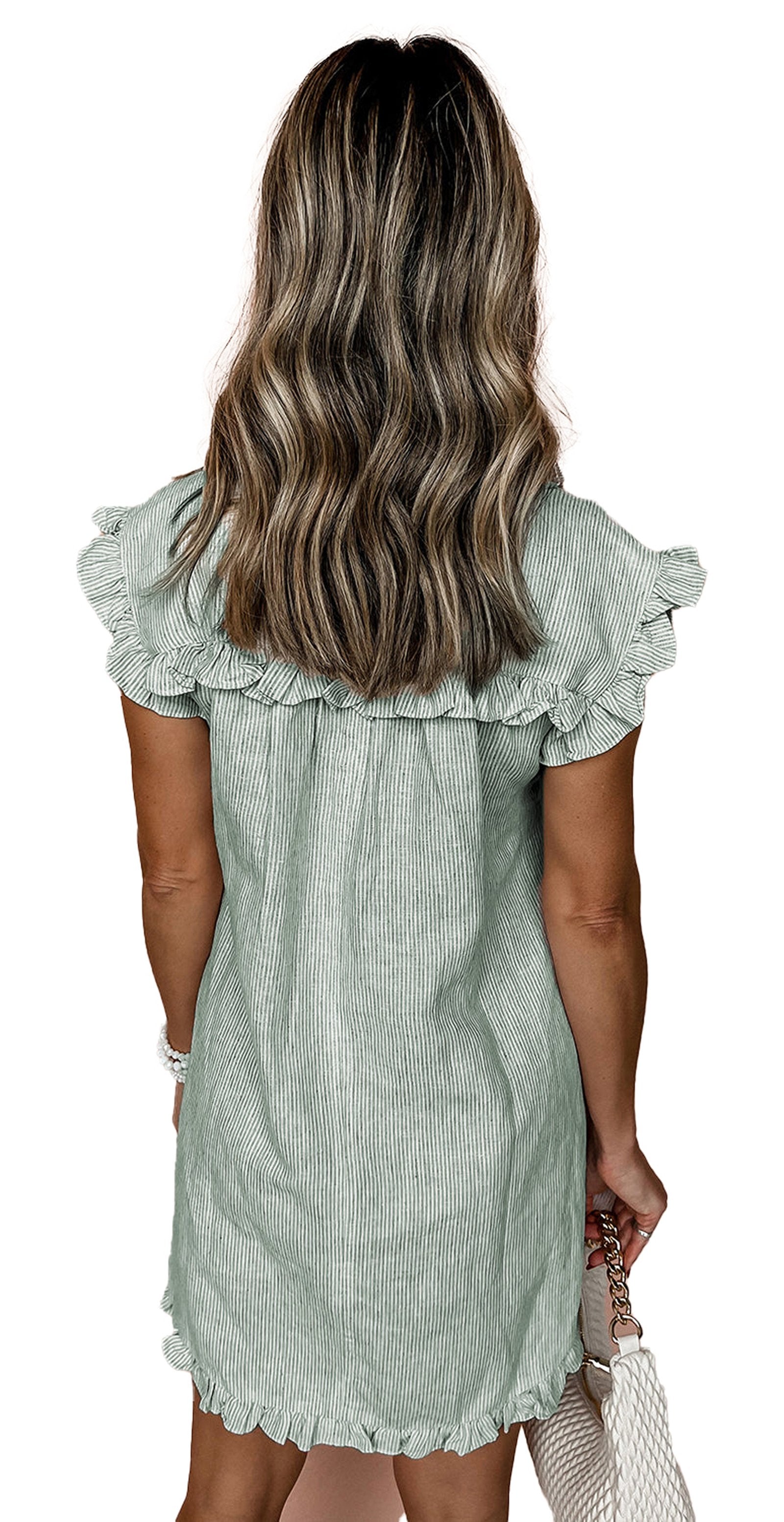 Back view of a green stripe button up mini dress by LuckeLadybug with ruffled sleeves
