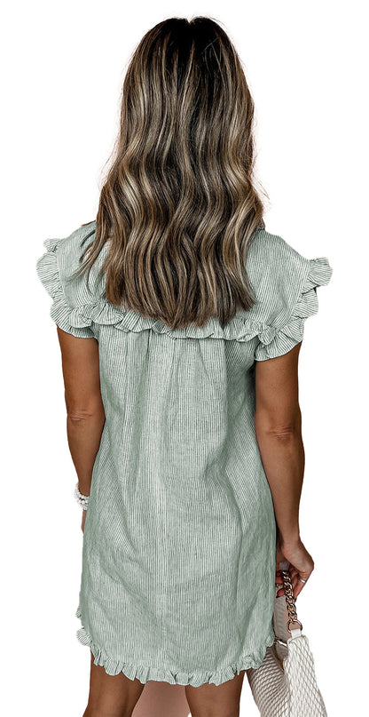 Back view of a green stripe button up mini dress by LuckeLadybug with ruffled sleeves