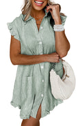 LuckeLadybug green stripe button up mini dress with ruffled sleeves and front pockets