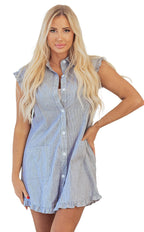 LuckeLadybug green stripe button up mini dress with ruffled sleeves and pockets