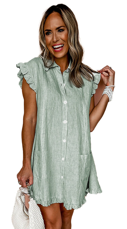 LuckeLadybug green stripe button up mini dress with ruffled sleeves and a playful fit