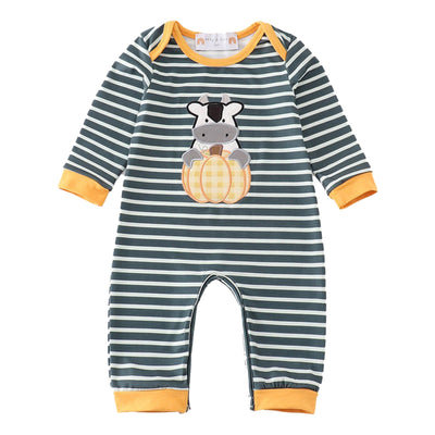 Adorable Green Stripe Cow Pumpkin Applique Boy Romper - LuckeLadybug LLC