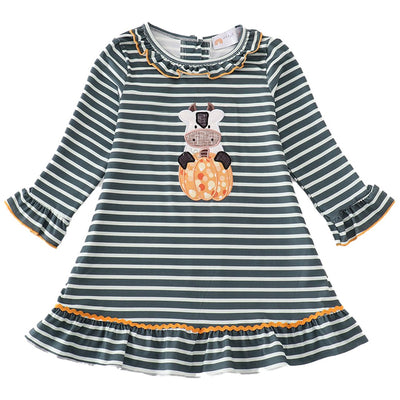 Adorable Green Stripe Cow Pumpkin Applique Dress For Stylish Babies And Toddlers - LuckeLadybug LLC