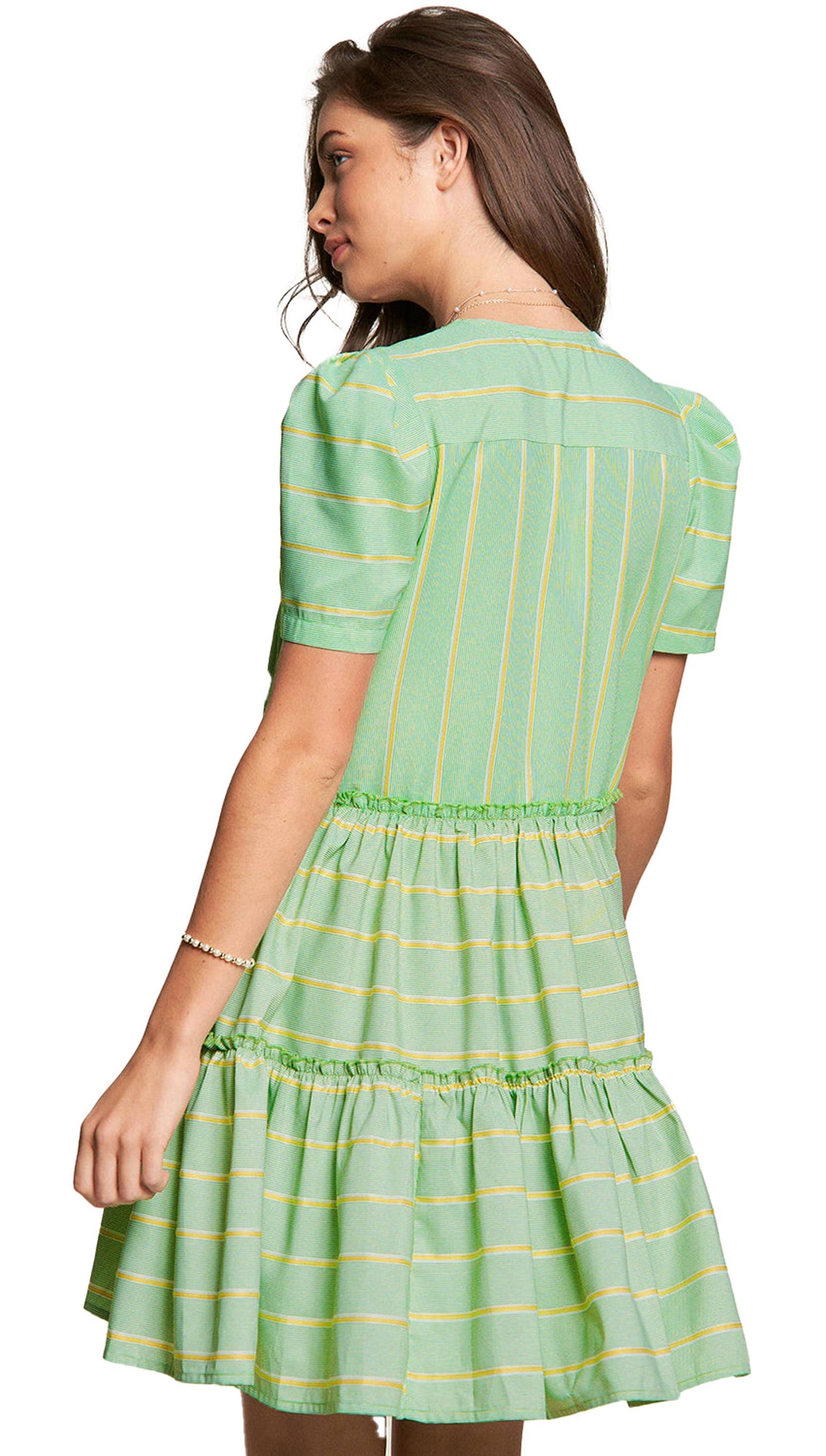 LuckeLadybug green striped v neck dress with short puff sleeves and tiered skirt design