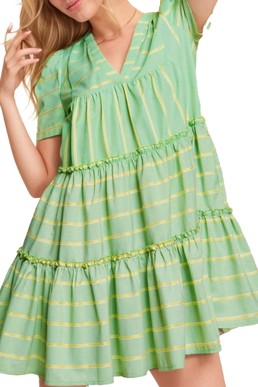 LuckeLadybug green striped v neck dress with tiered layers and short sleeves