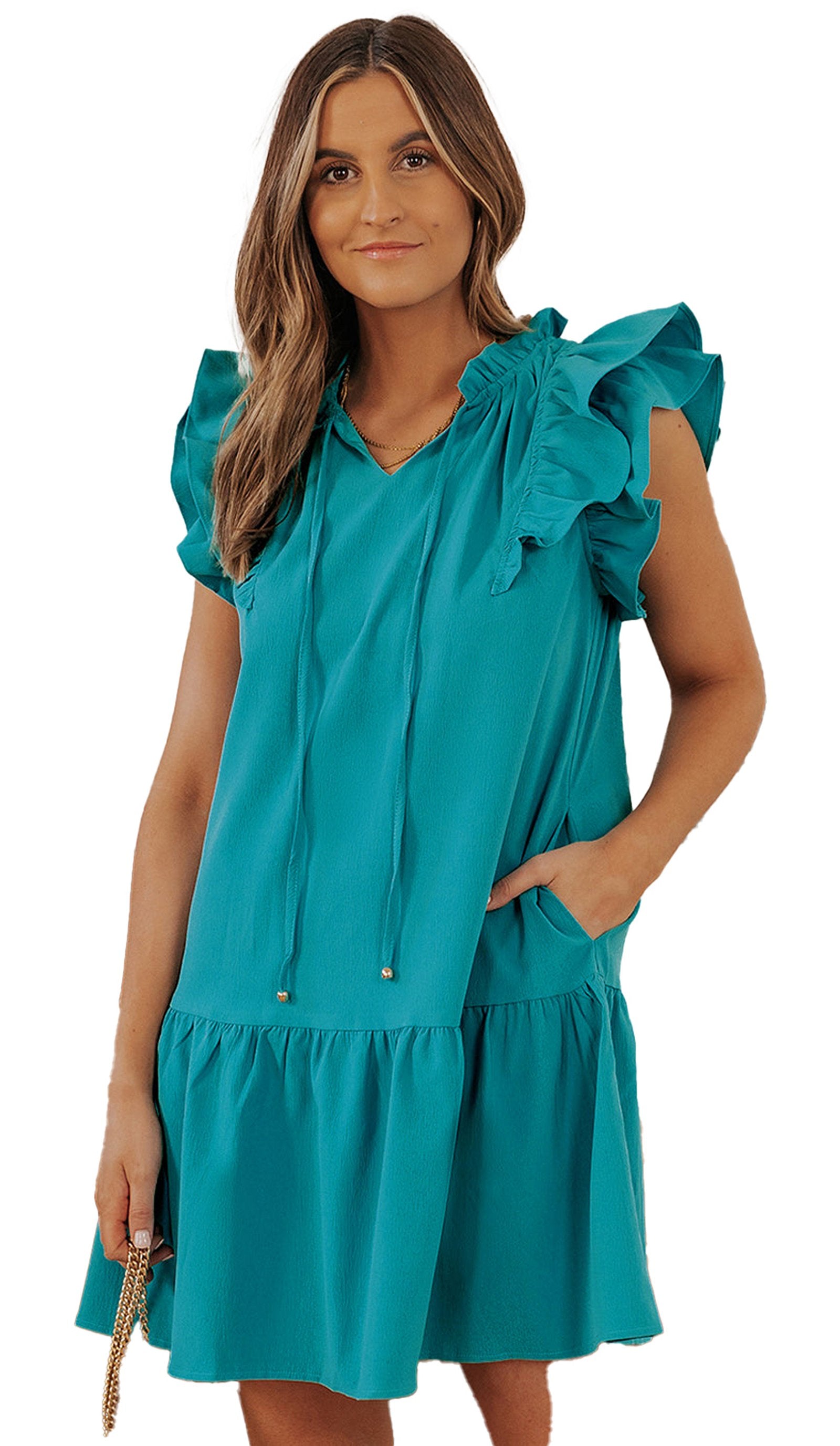 LuckeLadybug green tiered mini dress with pockets featuring ruffle sleeves and a drawstring neckline