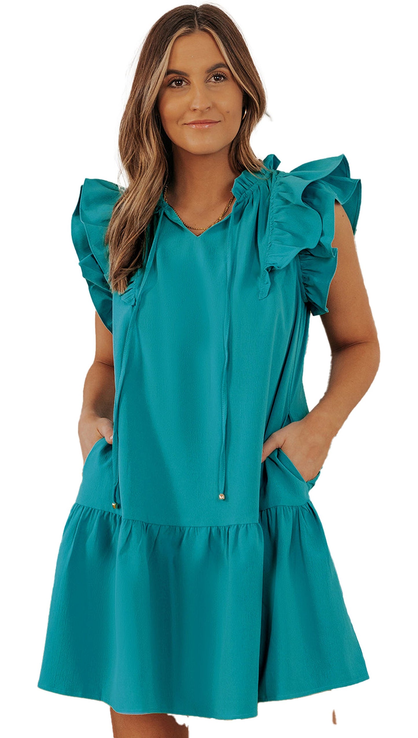 LuckeLadybug green tiered mini dress with pockets featuring ruffled sleeves and a drawstring neckline