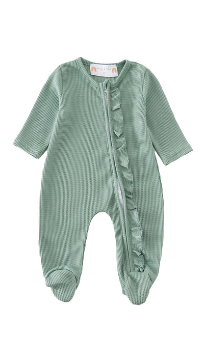 Adorable Green Waffle Ruffle Zip Girl Romper - Perfect For Stylish Babies And Toddlers! - LuckeLadybug LLC