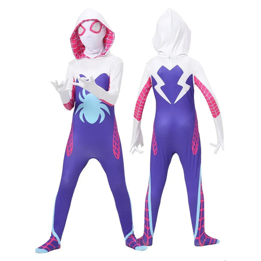 Gwen Stacy Spider Costume for Kids and Adults with vibrant colors and spider web design