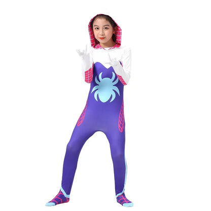 Gwen Stacy Spider Costume for Kids and Adults featuring a vibrant design with spider details