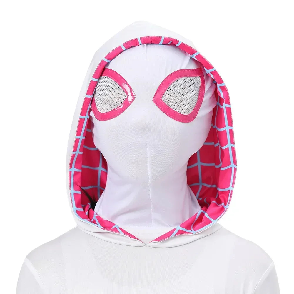 Gwen Stacy Spider Costume for Kids and Adults featuring a white bodysuit with pink accents