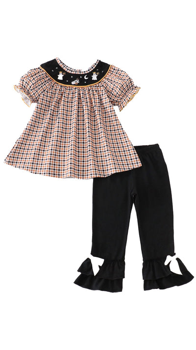 Halloween Ghost Embroidery Plaid Girl Set