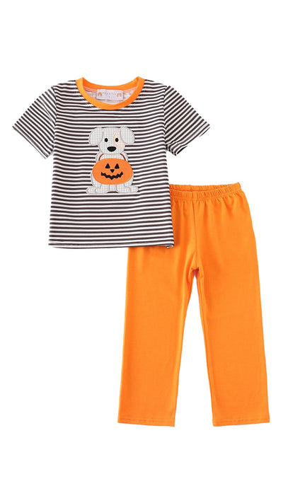 Adorable Halloween Pumpkin Puppy Stripe Applique Boy Set For Spooky-Cute Babies And Toddlers! - LuckeLadybug LLC