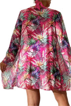 LuckeLadybug LLC vibrant pink tropical 3 piece halter bikini with cover up featuring multicolor leaf print