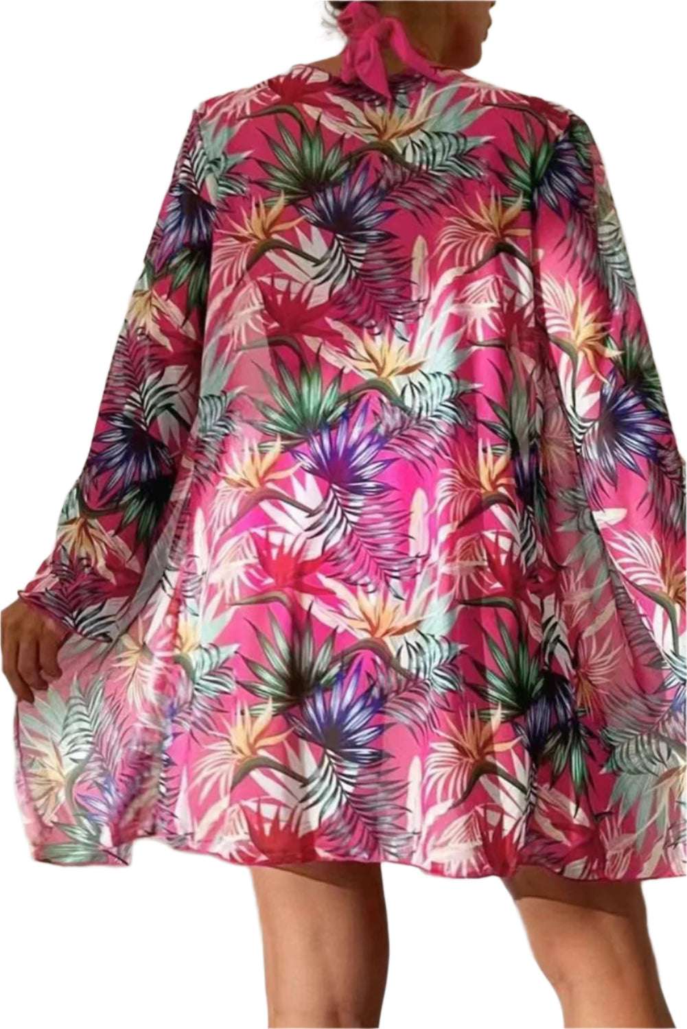 LuckeLadybug LLC vibrant pink tropical 3 piece halter bikini with cover up featuring multicolor leaf print