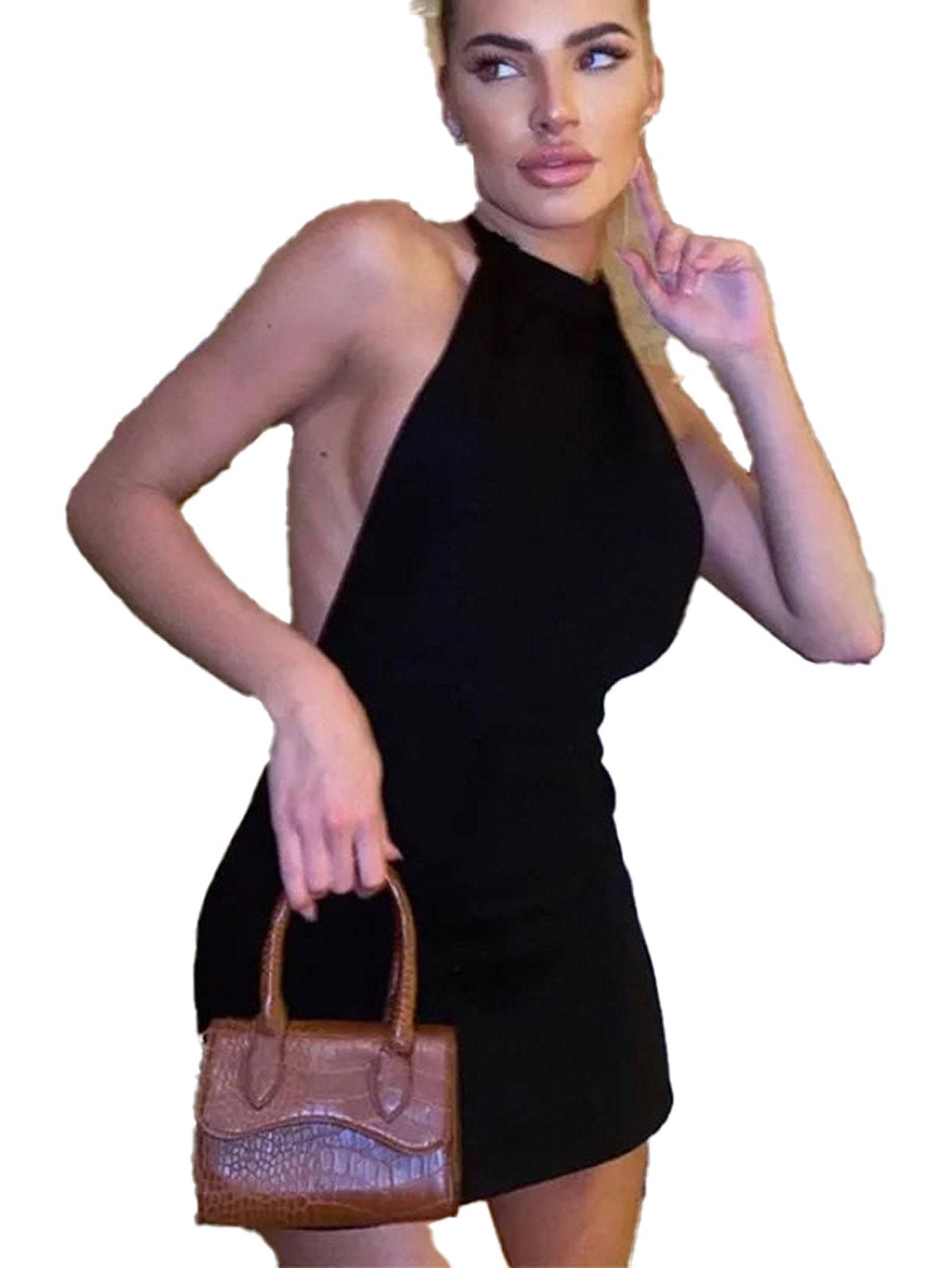 Elegant halter backless bodycon mini dress in black, perfect for a night out or special occasions