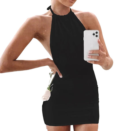 Black halter backless bodycon mini dress showcasing a stylish design and elegant fit