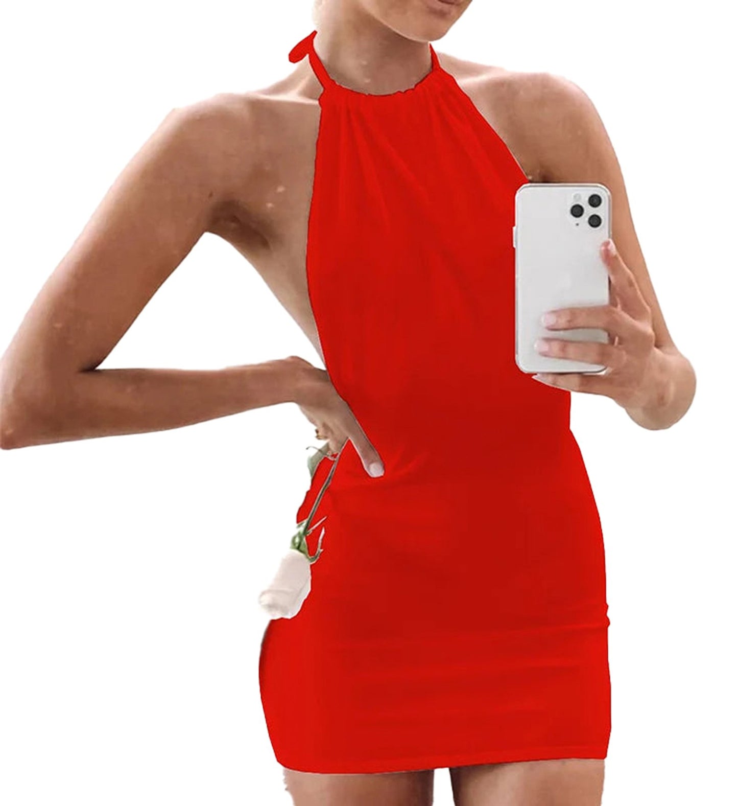 Red halter backless bodycon mini dress showcasing a modern and stylish fit for summer occasions