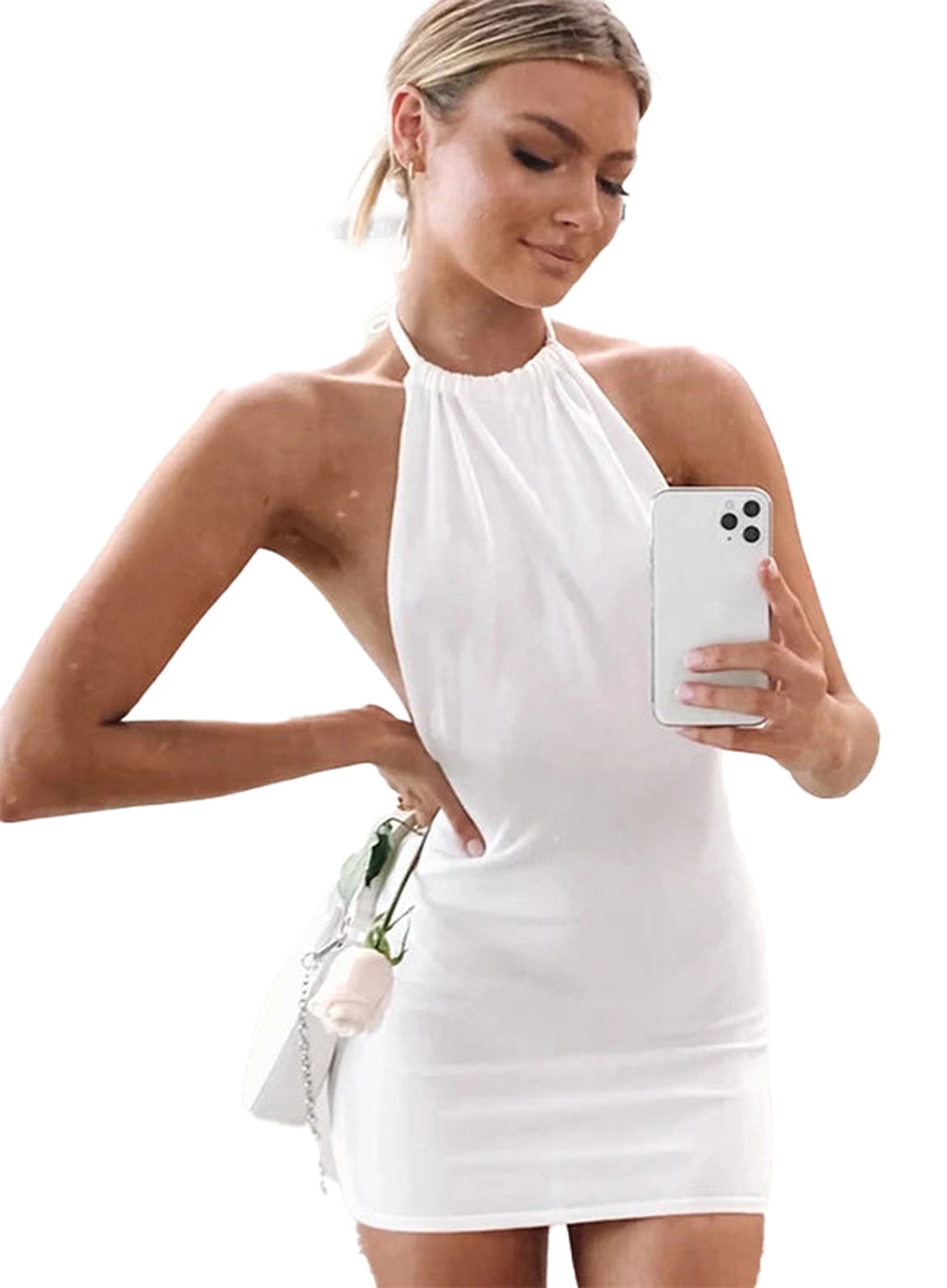 LuckeLadybug LLC Halter Backless Bodycon Mini Dress in White for a Chic and Stylish Look