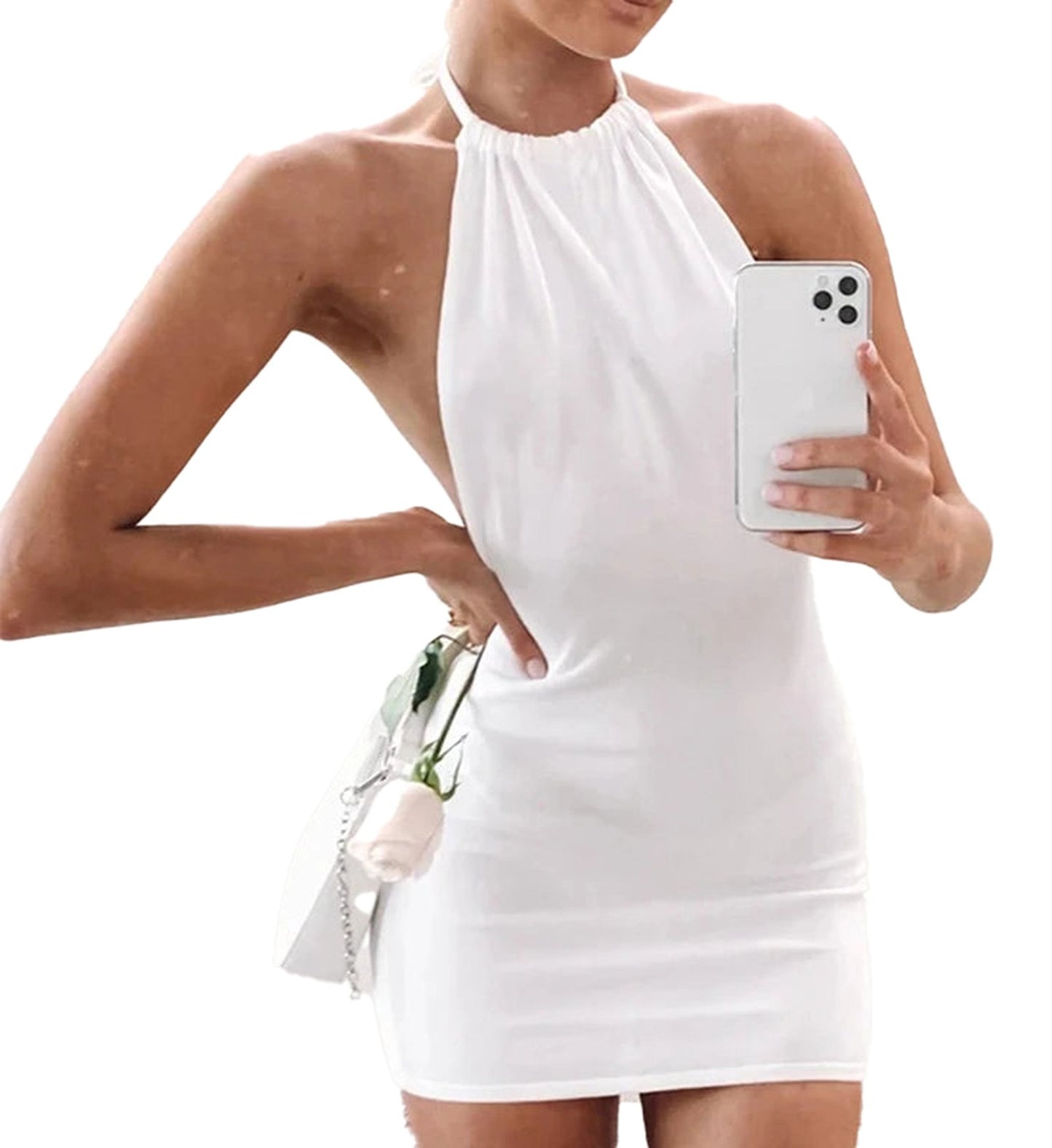Stylish halter backless bodycon mini dress in white, perfect for summer parties and nights out