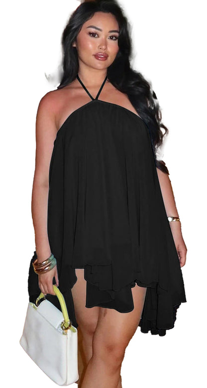 Model wearing a black halter chiffon mini dress, showcasing a flowy and chic design perfect for summer outings