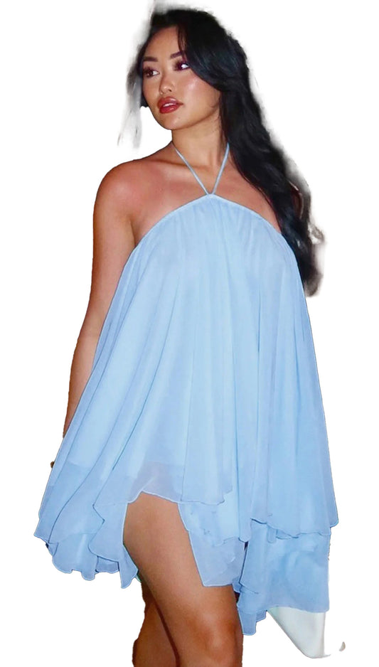 Light blue halter chiffon mini dress with flowing design perfect for summer outings