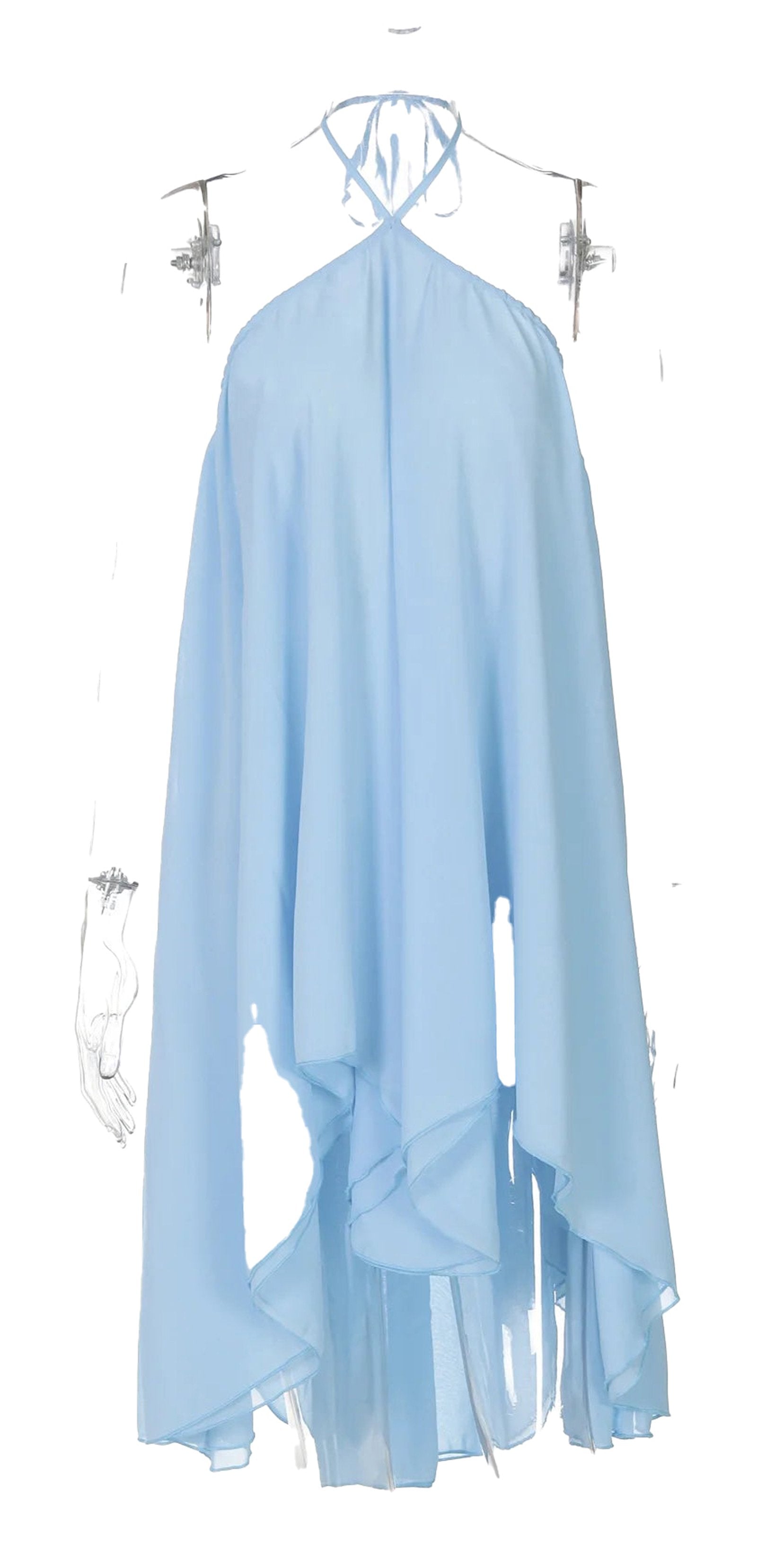 Light blue halter chiffon mini dress with flowy design for a stylish summer look