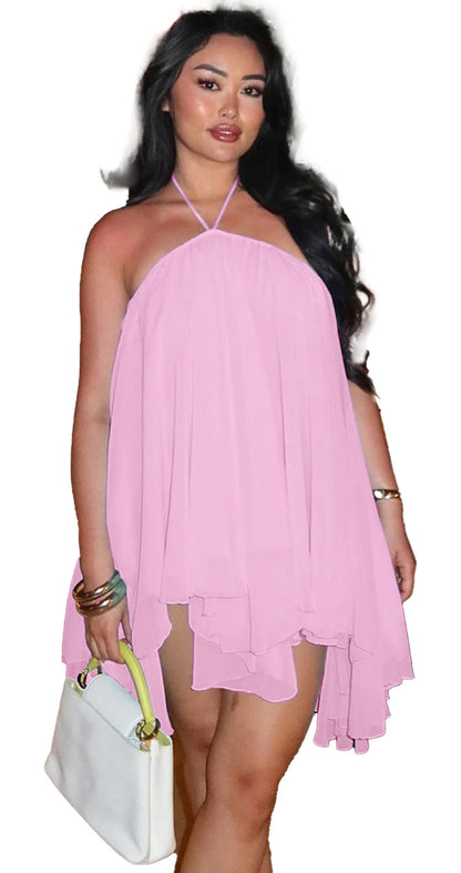 Light pink halter chiffon mini dress from LuckeLadybug LLC with a flowing design and stylish silhouette
