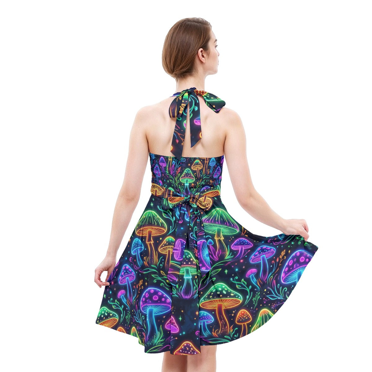 Brightly Colored Halter Dress with Vibrant Mushroom Print for Fun Summer Outings