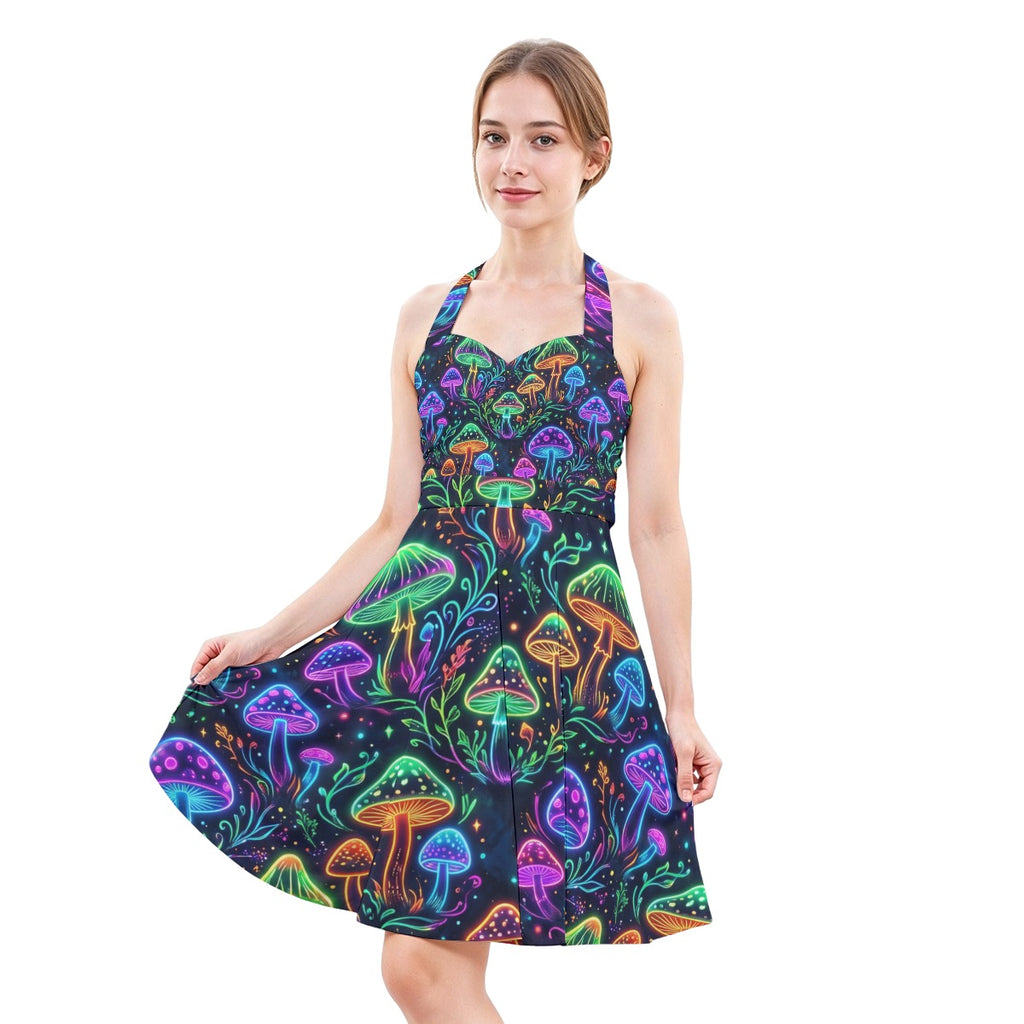 LuckeLadybug Halter Dress with Colorful Mushroom Print for Fun and Stylish Outfits