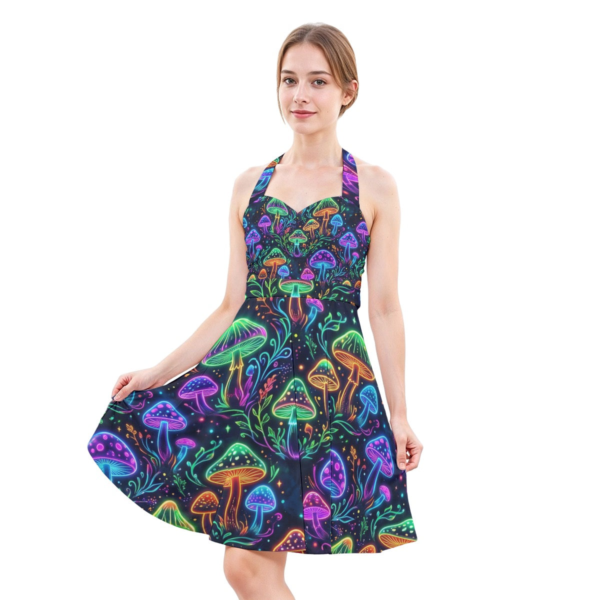LuckeLadybug Halter Dress with Colorful Mushroom Print for Fun and Stylish Outfits