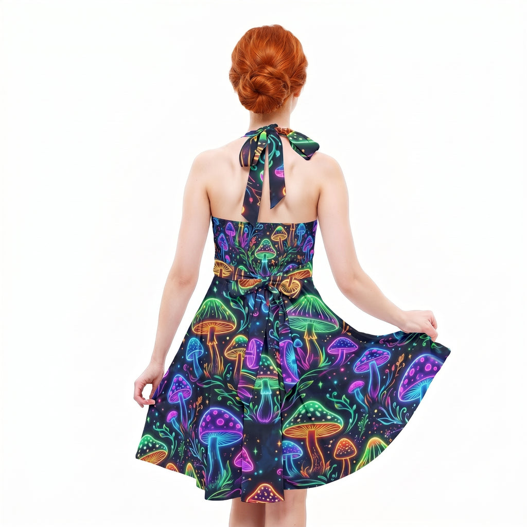 LuckeLadybug halter dress in vibrant mushroom print with flared skirt and tie back detail