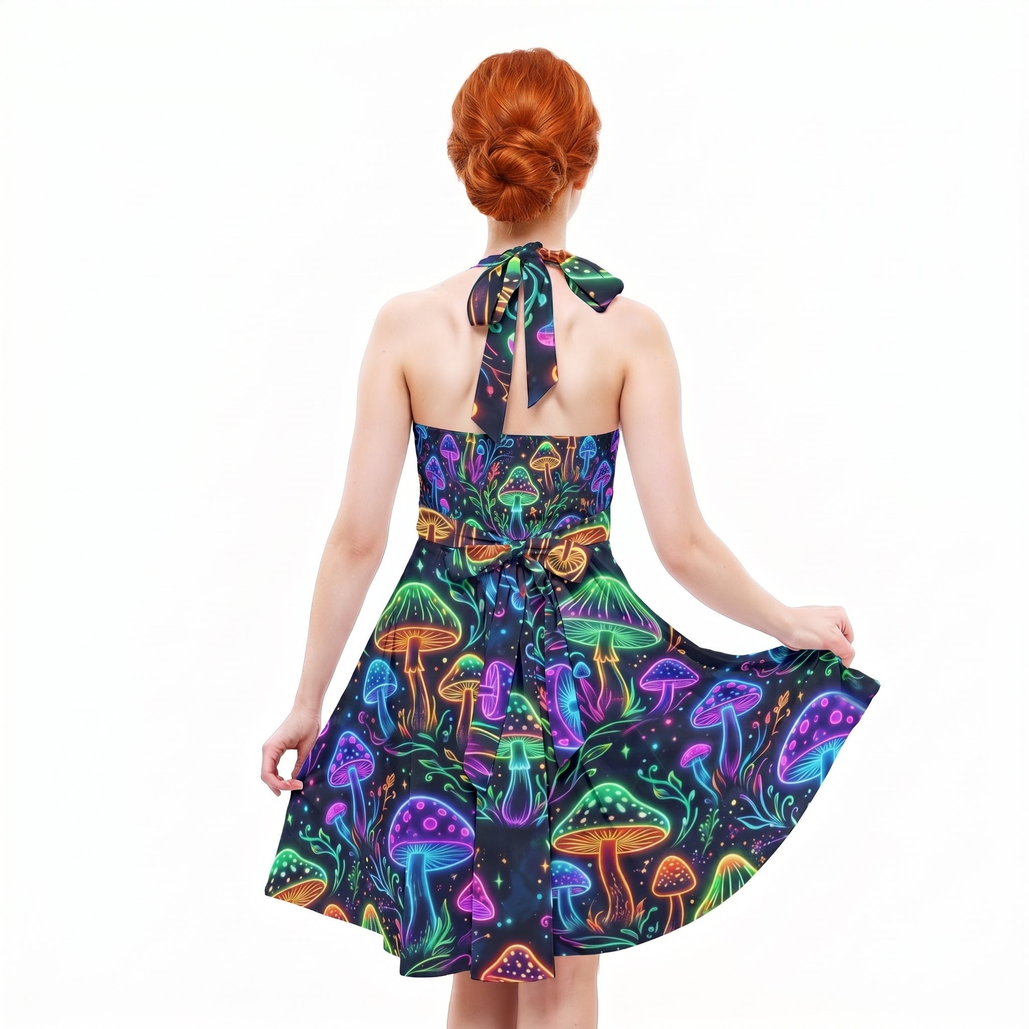LuckeLadybug halter dress in vibrant mushroom print with flared skirt and tie back detail