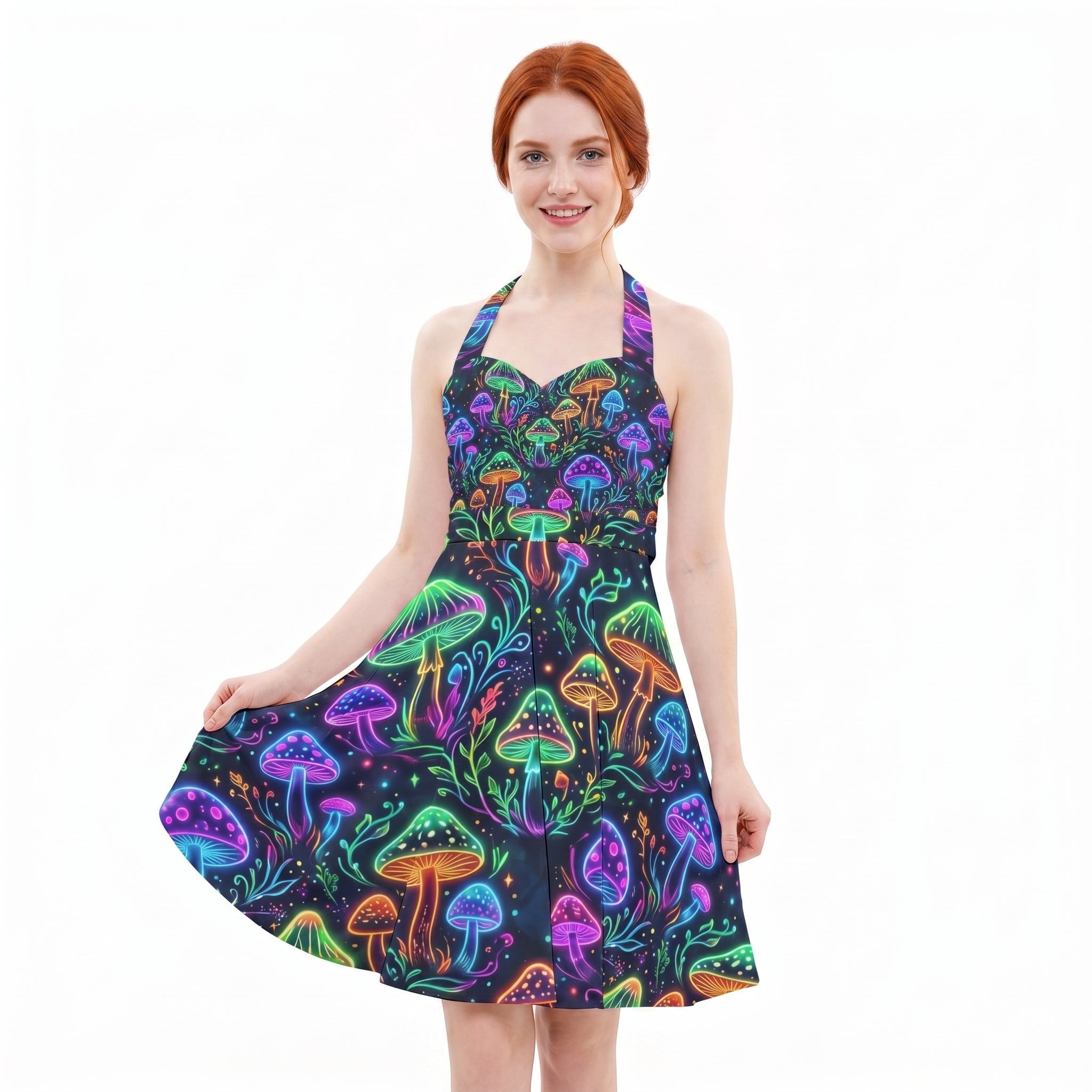 LuckeLadybug Halter Dress with Colorful Mushroom Print for Stylish Summer Outfits