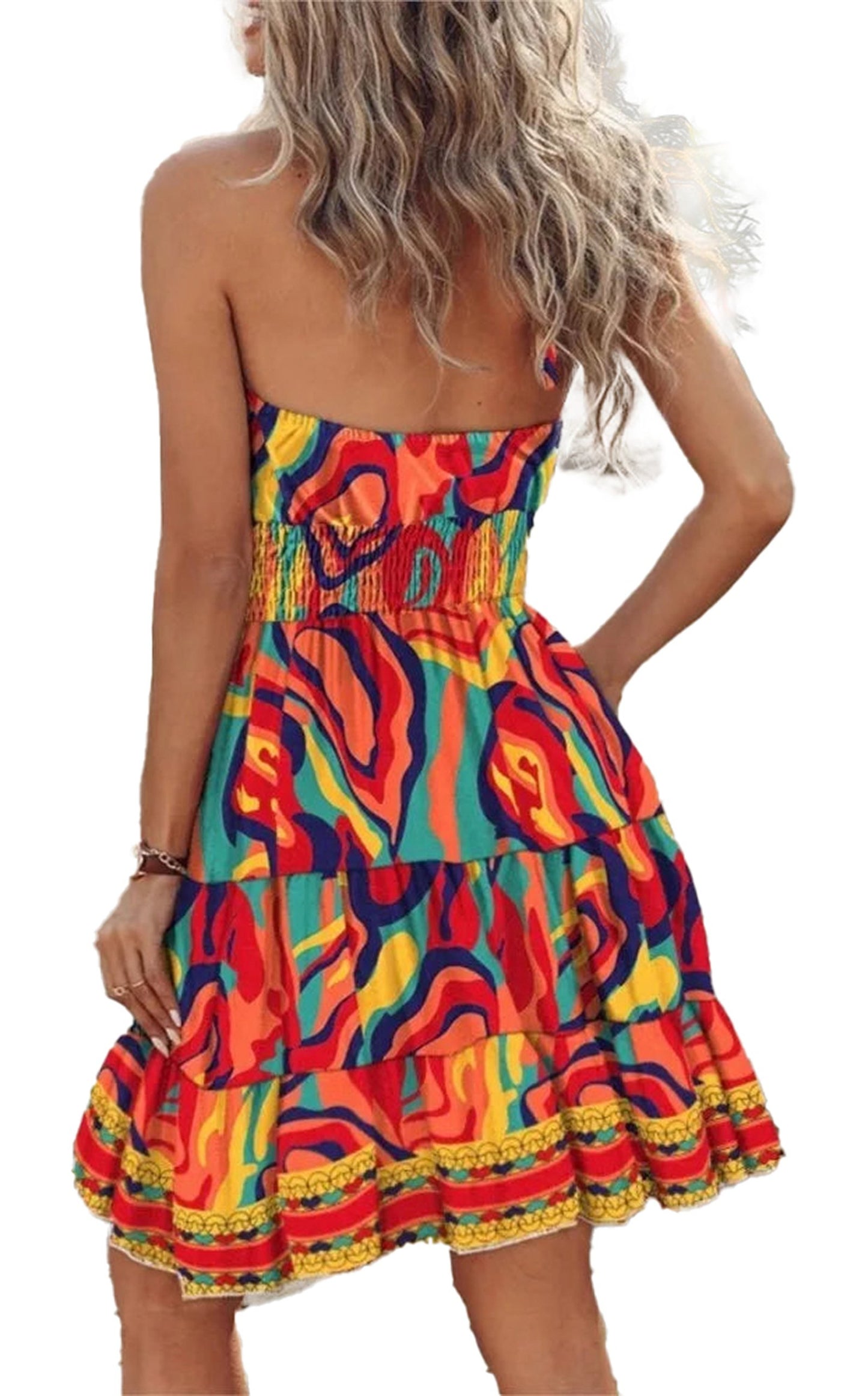 Colorful halter mini dress for women with tiered design and vibrant patterns from LuckeLadybug LLC