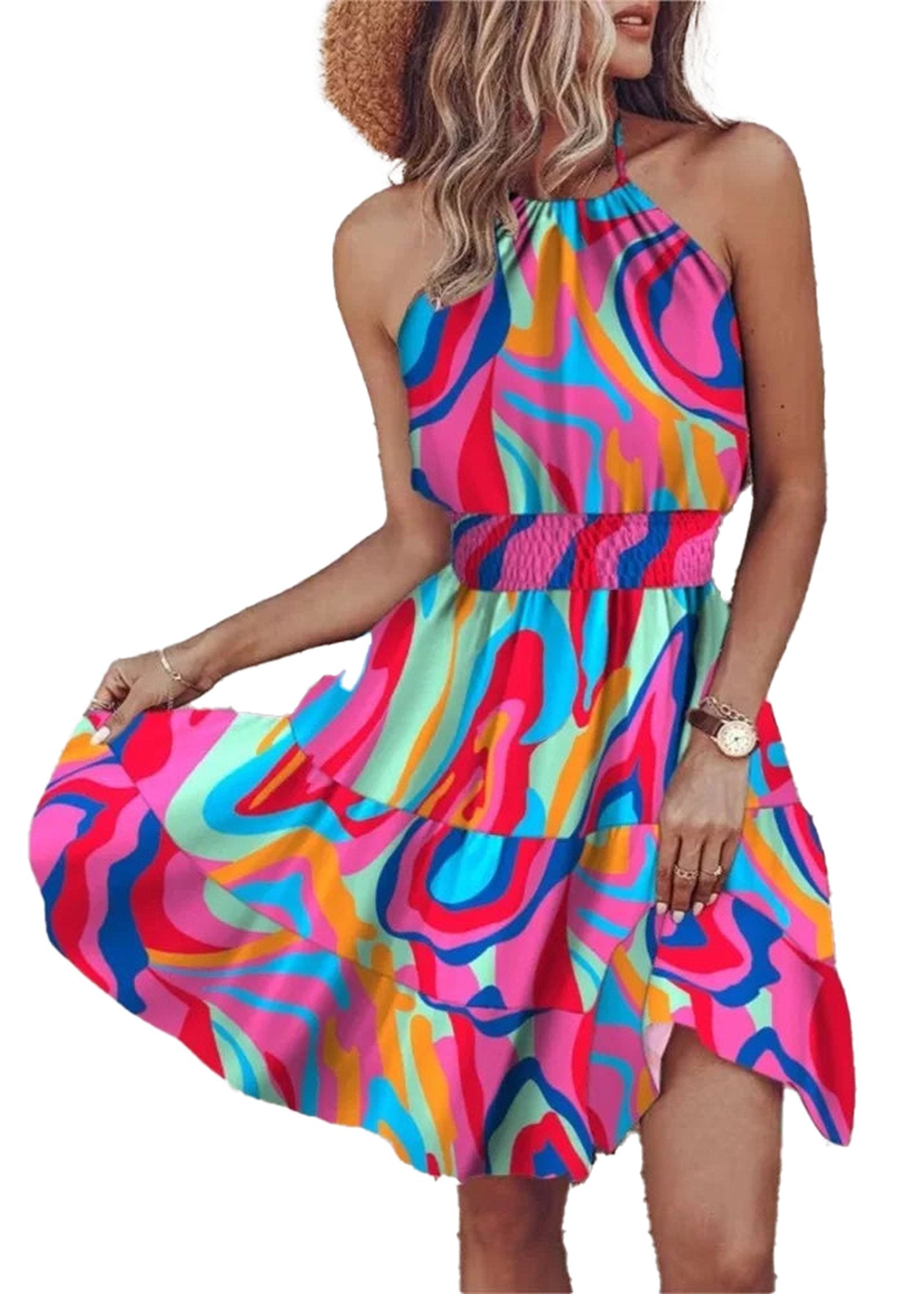Colorful halter mini dress for women with a vibrant abstract design and tiered skirt